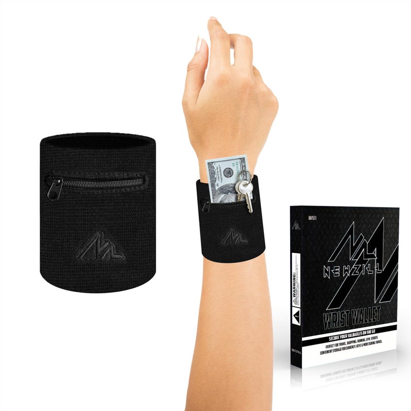 NEWZILL Wrist Wallet Wristband with Zipper - Cotton Sweatbands for Men & Women, Ideal for Sport, Running, Walking, Basketball, Football, Tennis, Hiking, Workout, and More Short Black - Image 1